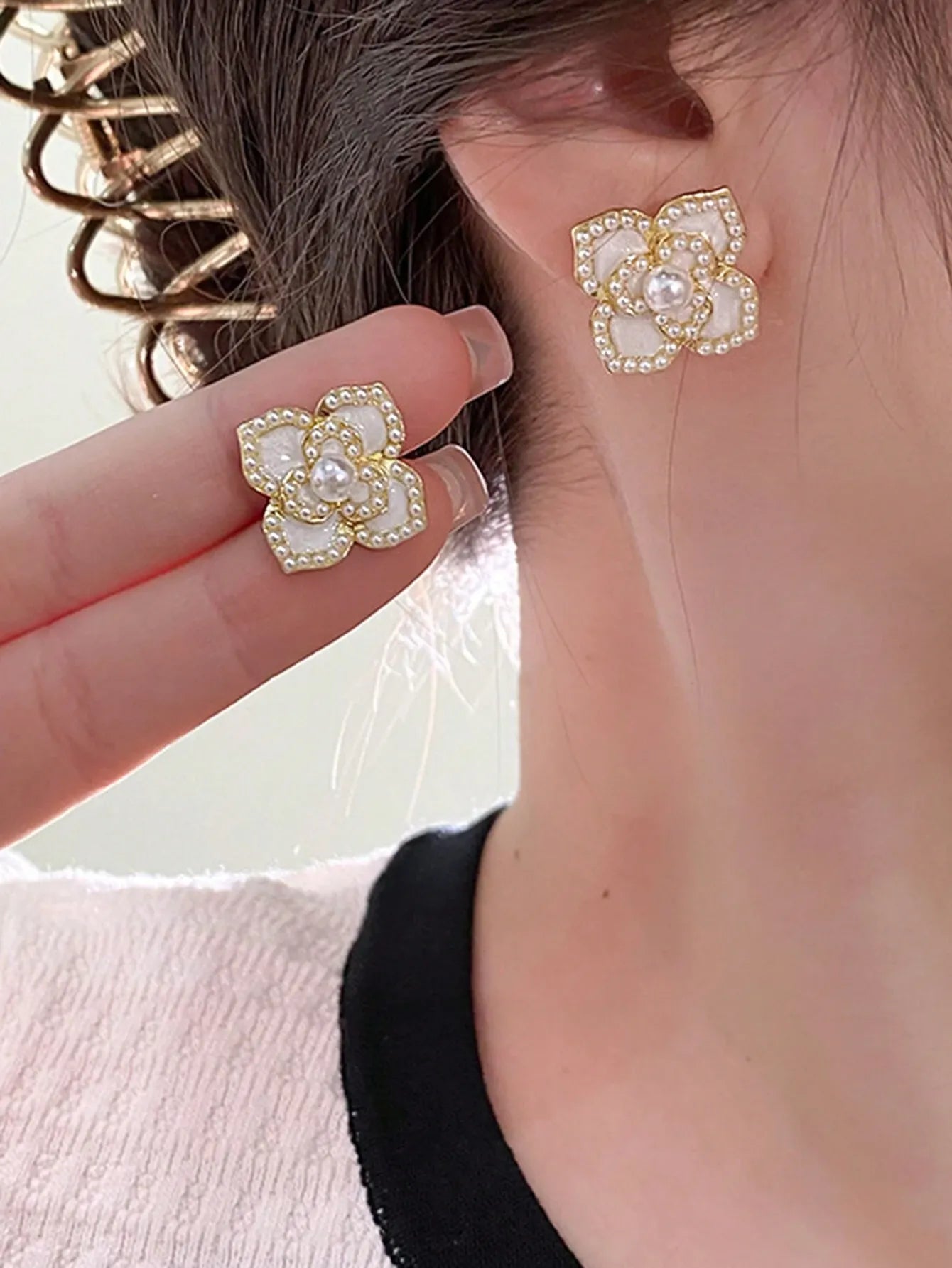 Shein - 5pcs/Set Rhinestone & Faux Pearl Heart Flower Crisscross Minimalist Luxury Elegant Earrings Set For Women Valentines