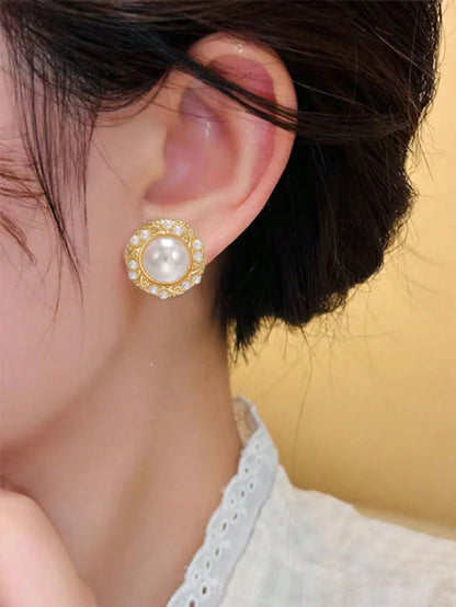 Shein - 6pcs Set Retro Smooth Surface Hong Kong Style Round Pearl Charm Cat Eye Earrings And Stud Earrings