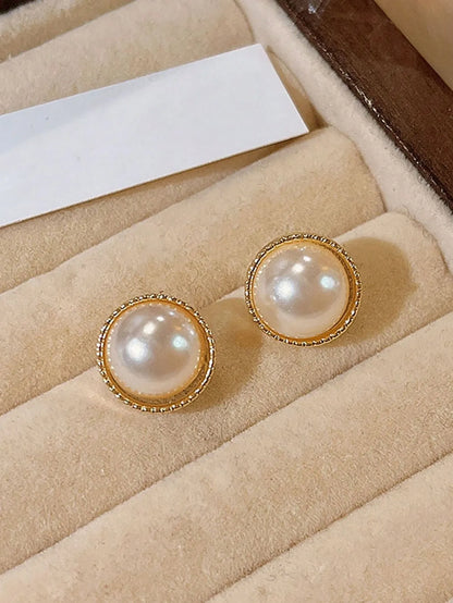 Shein - 6pcs Set Retro Smooth Surface Hong Kong Style Round Pearl Charm Cat Eye Earrings And Stud Earrings