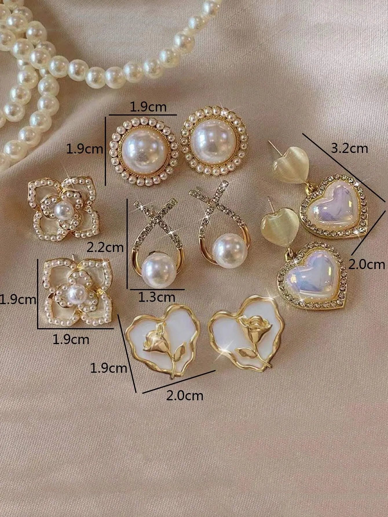 Shein - 5pcs/Set Rhinestone & Faux Pearl Heart Flower Crisscross Minimalist Luxury Elegant Earrings Set For Women Valentines