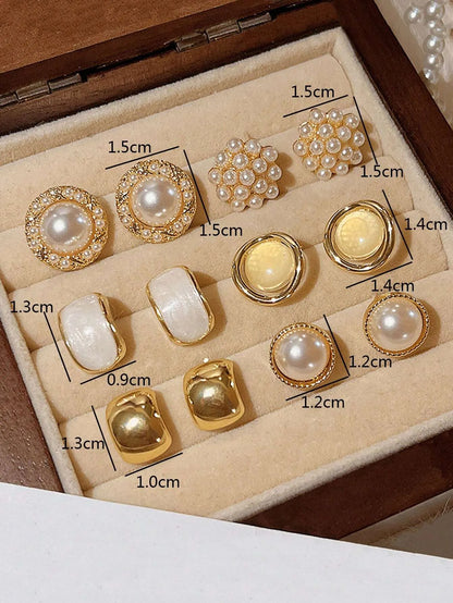 Shein - 6pcs Set Retro Smooth Surface Hong Kong Style Round Pearl Charm Cat Eye Earrings And Stud Earrings