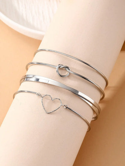 Shein - 4pcs Intellectual Metal Heart Buckle Cuff Bangle Set, Casual Valentines