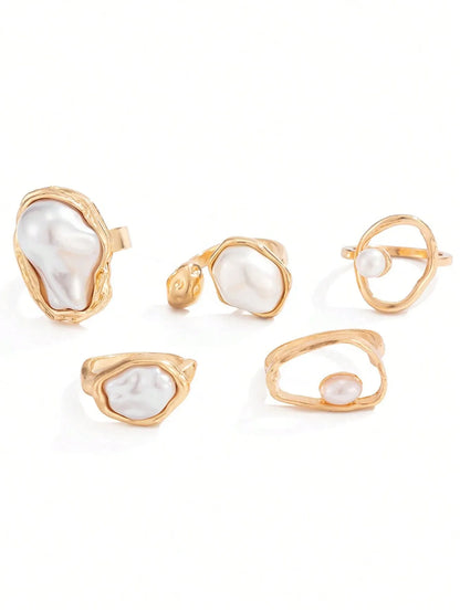 Shein - 5pcs Vintage Asymmetrical Baroque Pearl Open Ring Set