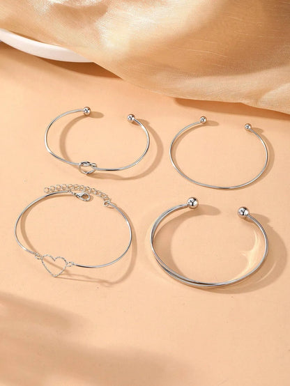 Shein - 4pcs Intellectual Metal Heart Buckle Cuff Bangle Set, Casual Valentines