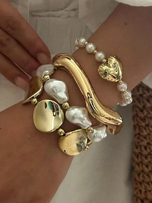 Shein - 4pcs/Set Vintage Elegant Casual Women's Summer Baroque Asymmetrical Pearl Beaded Bracelet And Sweet Heart Elastic Pearl Bracelet