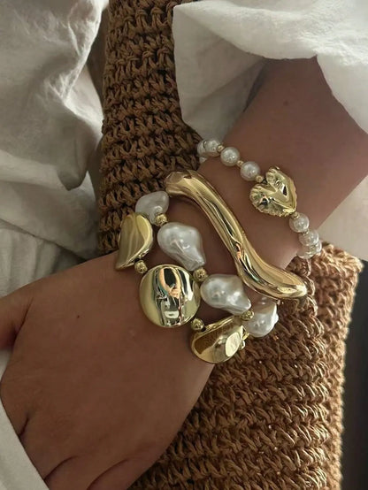 Shein - 4pcs/Set Vintage Elegant Casual Women's Summer Baroque Asymmetrical Pearl Beaded Bracelet And Sweet Heart Elastic Pearl Bracelet