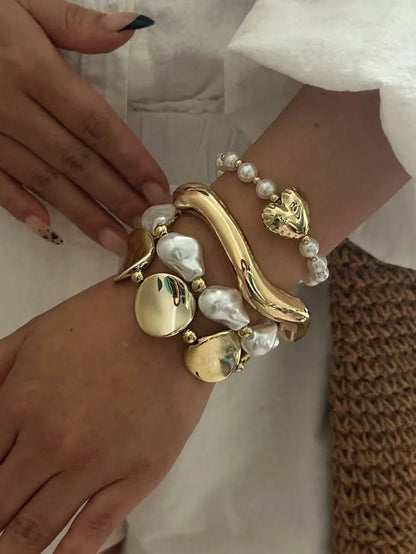 Shein - 4pcs/Set Vintage Elegant Casual Women's Summer Baroque Asymmetrical Pearl Beaded Bracelet And Sweet Heart Elastic Pearl Bracelet