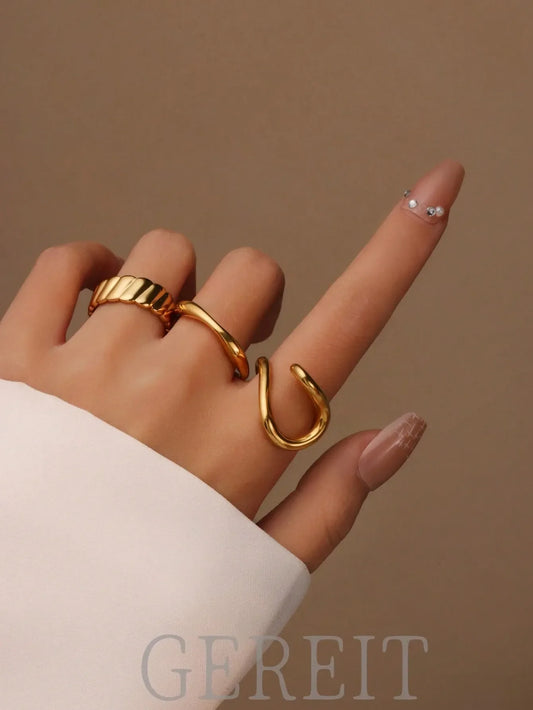 Shein - 3pcs 18K Stainless Steel Hollow Line Design Open Ring Set, Suitable For Women