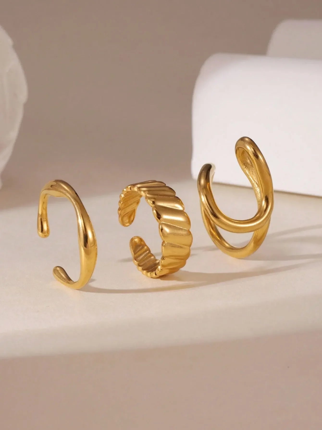 Shein - 3pcs 18K Stainless Steel Hollow Line Design Open Ring Set, Suitable For Women