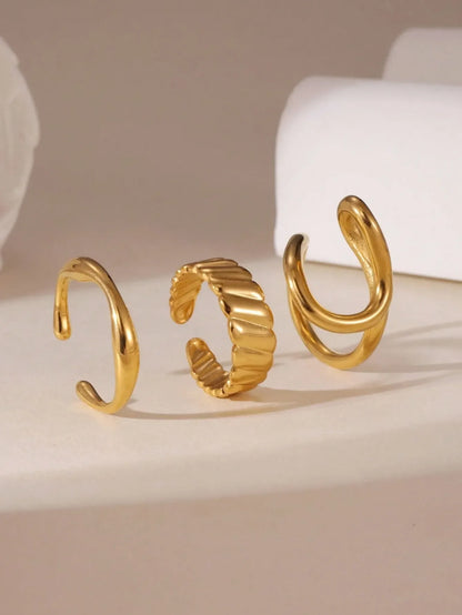 Shein - 3pcs 18K Stainless Steel Hollow Line Design Open Ring Set, Suitable For Women