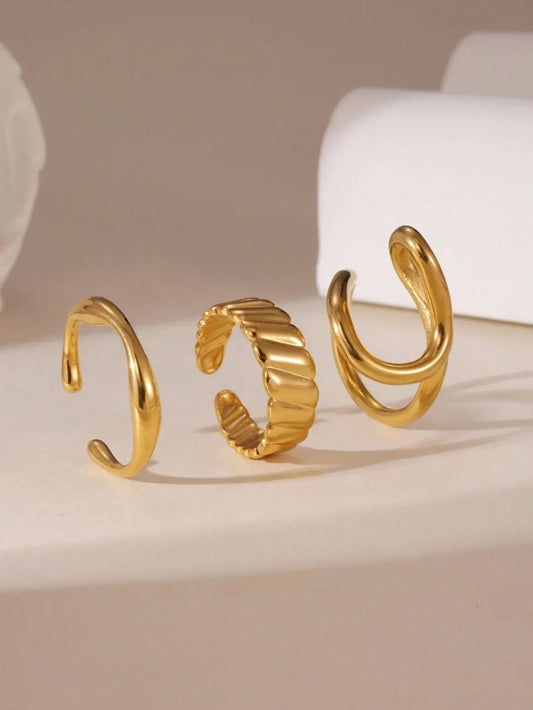 Shein - 3pcs 18K Stainless Steel Hollow Line Design Open Ring Set, Suitable For Women