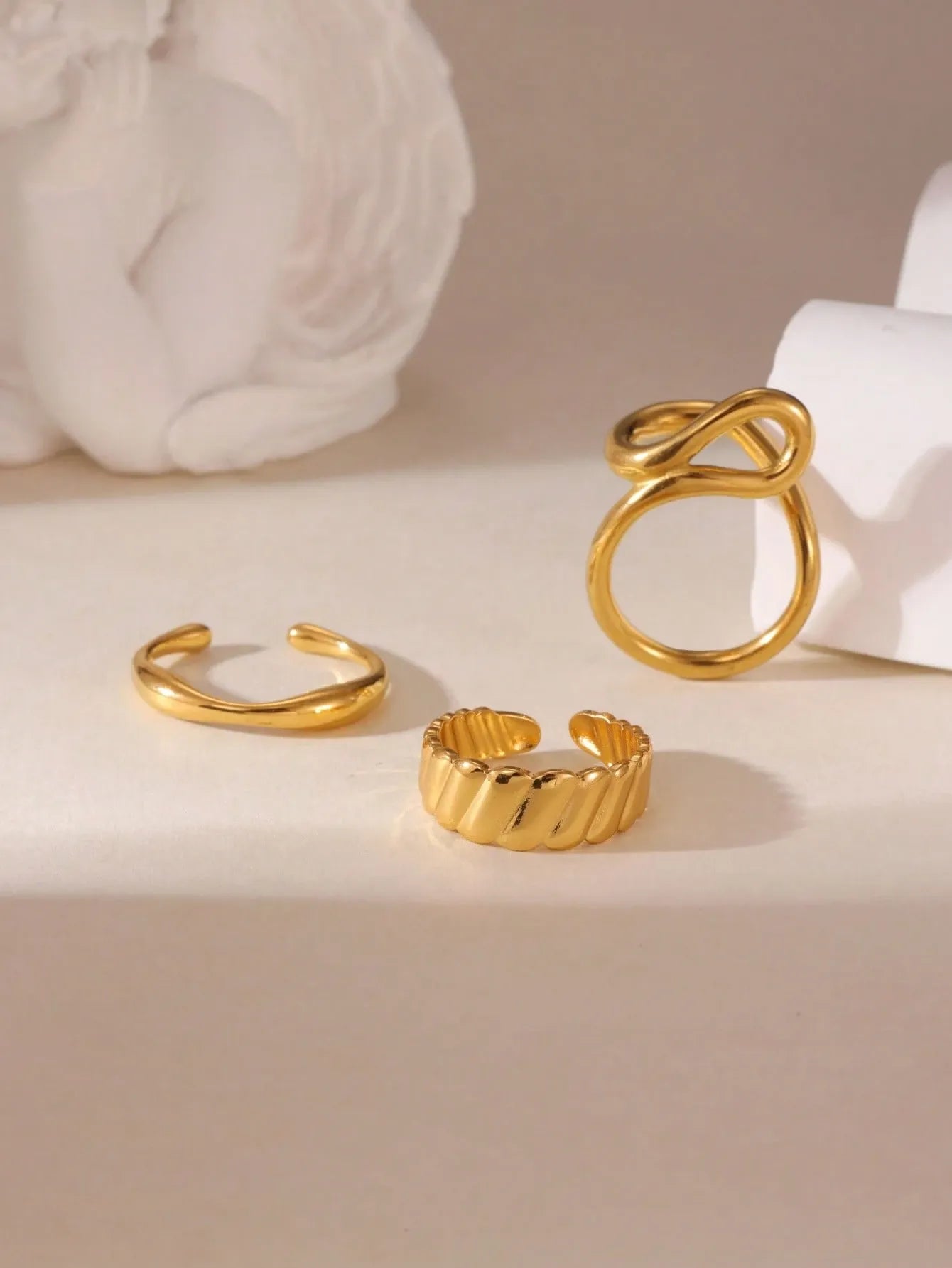 Shein - 3pcs 18K Stainless Steel Hollow Line Design Open Ring Set, Suitable For Women