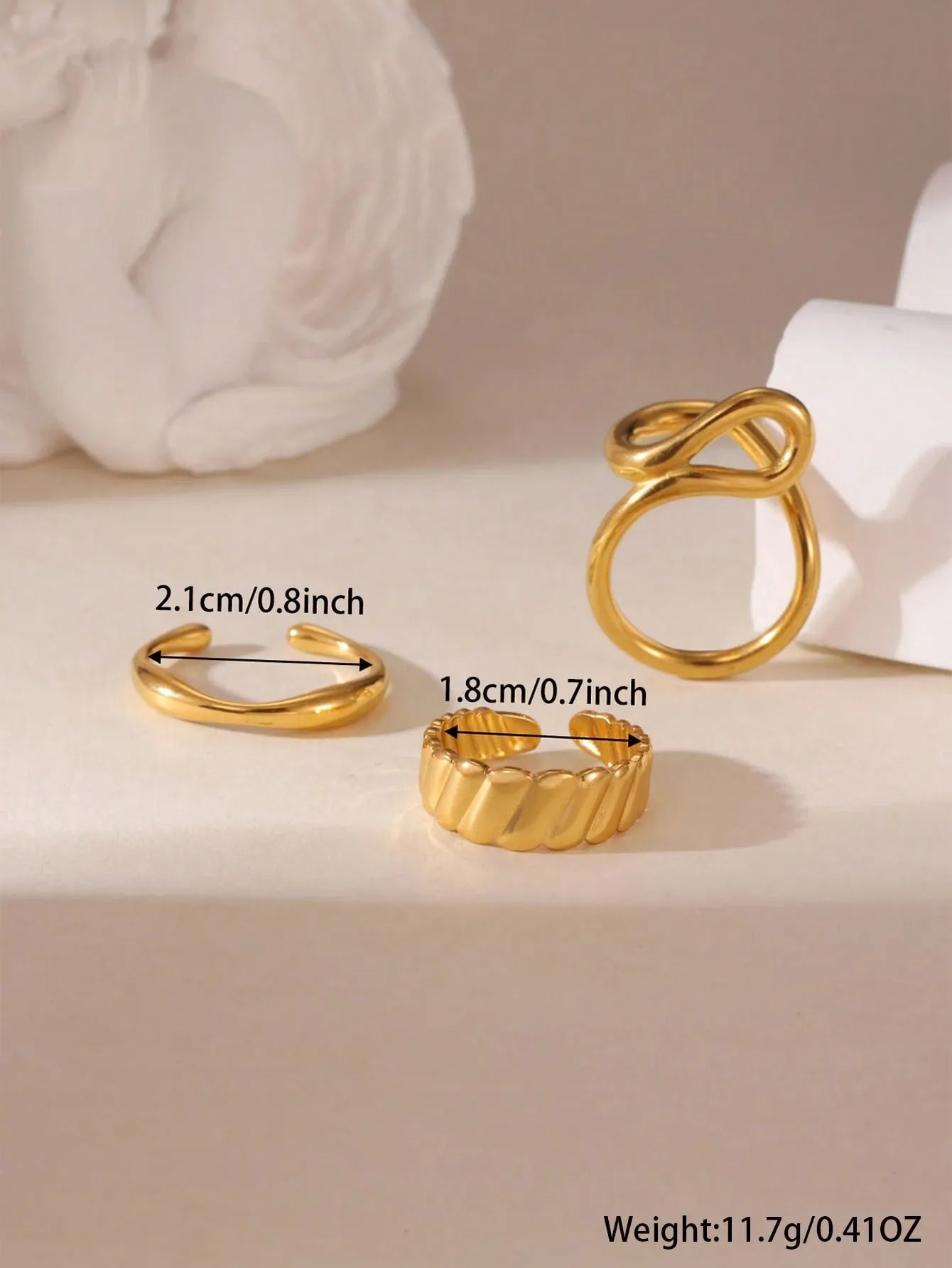 Shein - 3pcs 18K Stainless Steel Hollow Line Design Open Ring Set, Suitable For Women