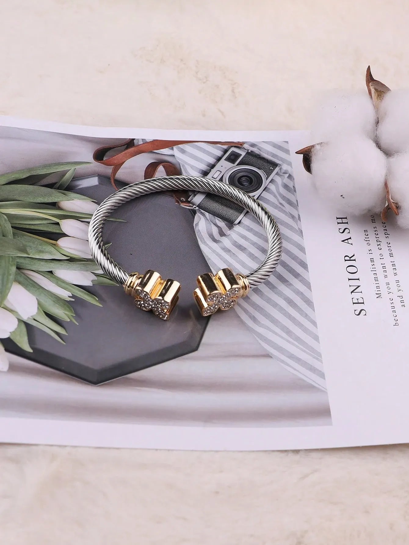 Shein - European and Americana Style Stainless Steel Cable Opening Bracelet With Natural Stone Twisted Cord Adjustable C-Shaped Titanium Steel Bangle