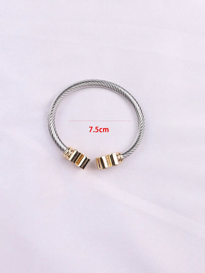 Shein - European and Americana Style Stainless Steel Cable Opening Bracelet With Natural Stone Twisted Cord Adjustable C-Shaped Titanium Steel Bangle