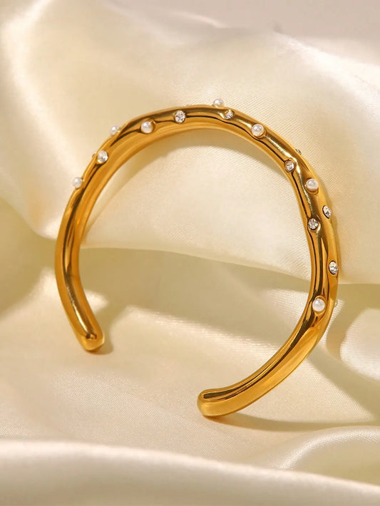 Shein - 1pc Retro INS 2024 New Stainless Steel Gold Pearl Zirconia Bracelet