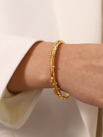 Shein - 1pc Retro INS 2024 New Stainless Steel Gold Pearl Zirconia Bracelet
