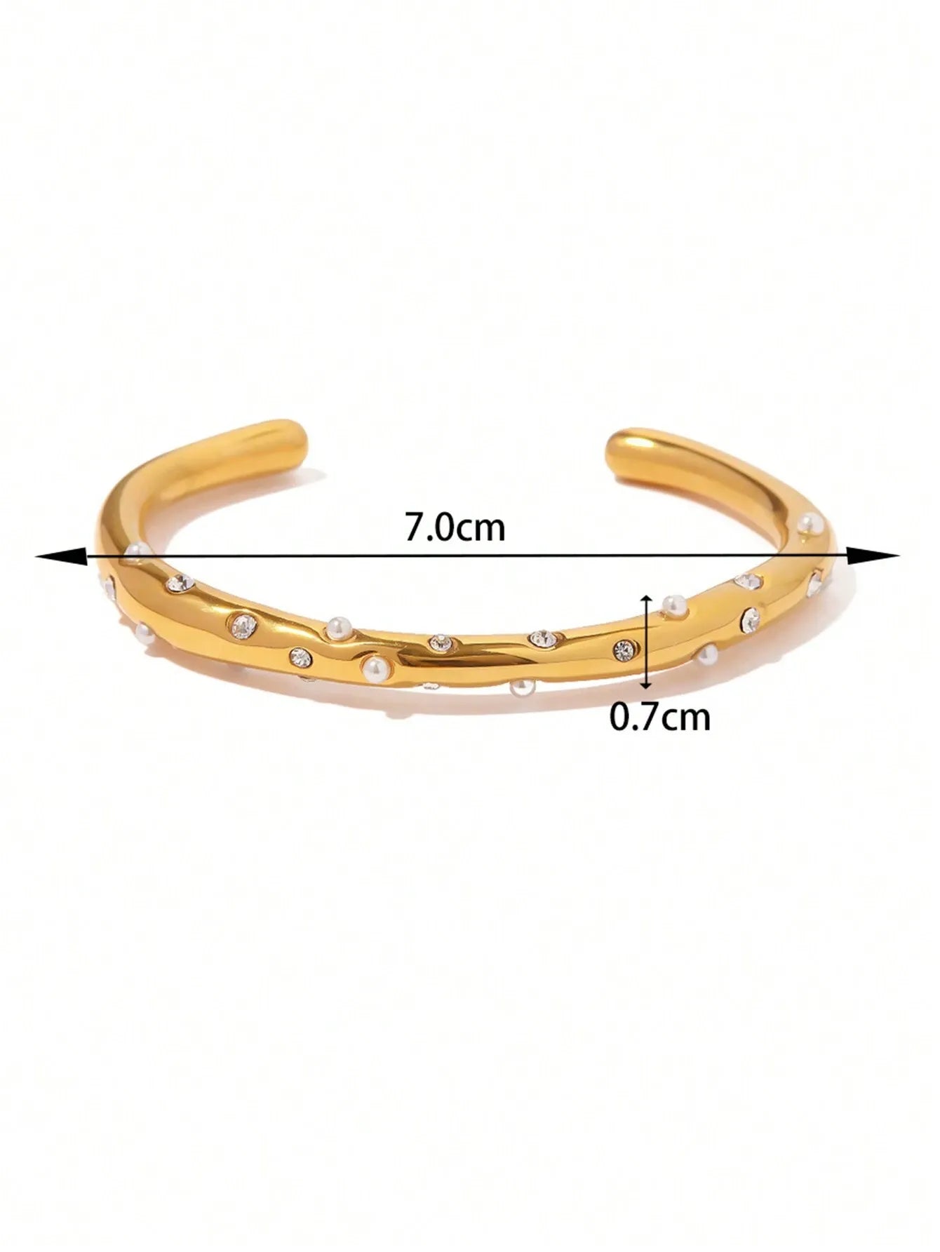 Shein - 1pc Retro INS 2024 New Stainless Steel Gold Pearl Zirconia Bracelet