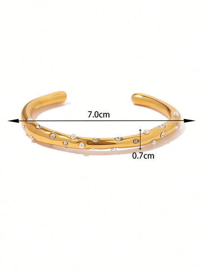 Shein - 1pc Retro INS 2024 New Stainless Steel Gold Pearl Zirconia Bracelet