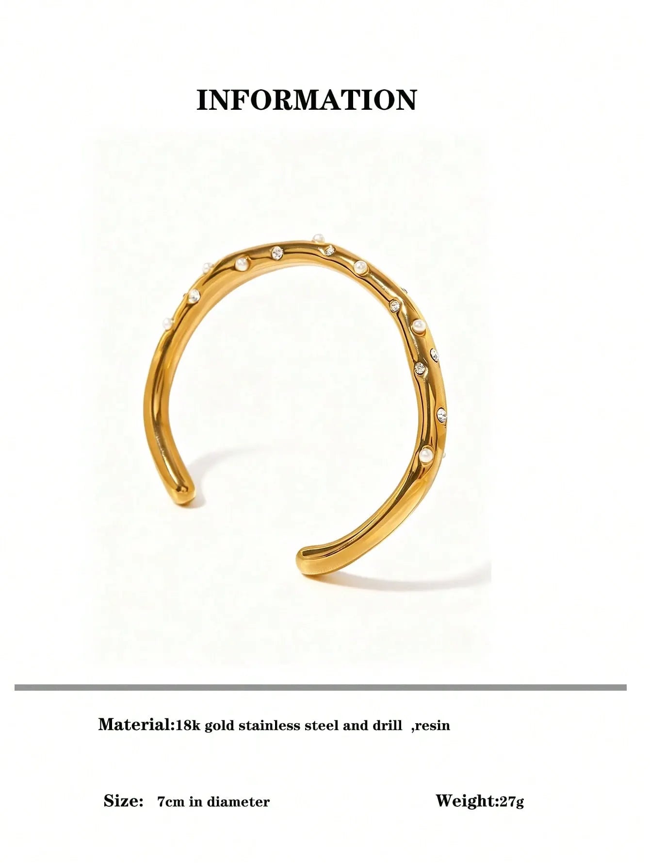 Shein - 1pc Retro INS 2024 New Stainless Steel Gold Pearl Zirconia Bracelet