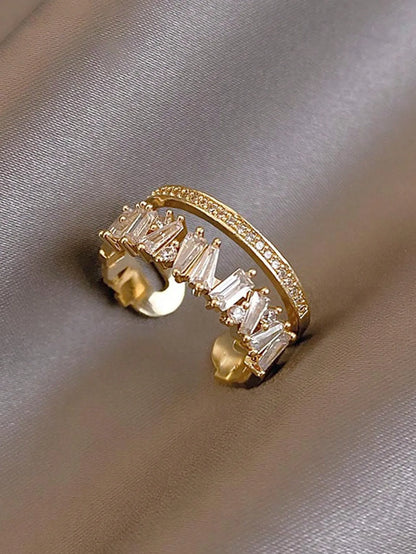 Shein - 1pc Dainty Double Layered Asymmetrical Opening Ring Inlaid With Cubic Zirconia