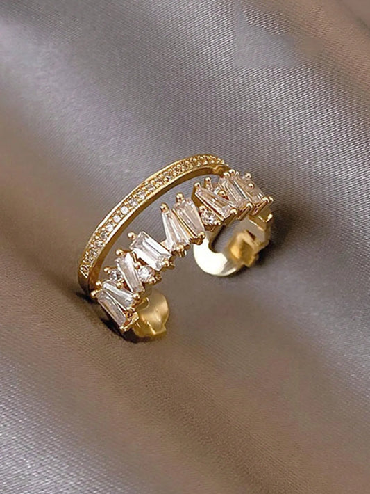 Shein - 1pc Dainty Double Layered Asymmetrical Opening Ring Inlaid With Cubic Zirconia