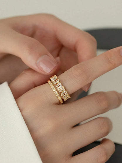 Shein - 1pc Dainty Double Layered Asymmetrical Opening Ring Inlaid With Cubic Zirconia