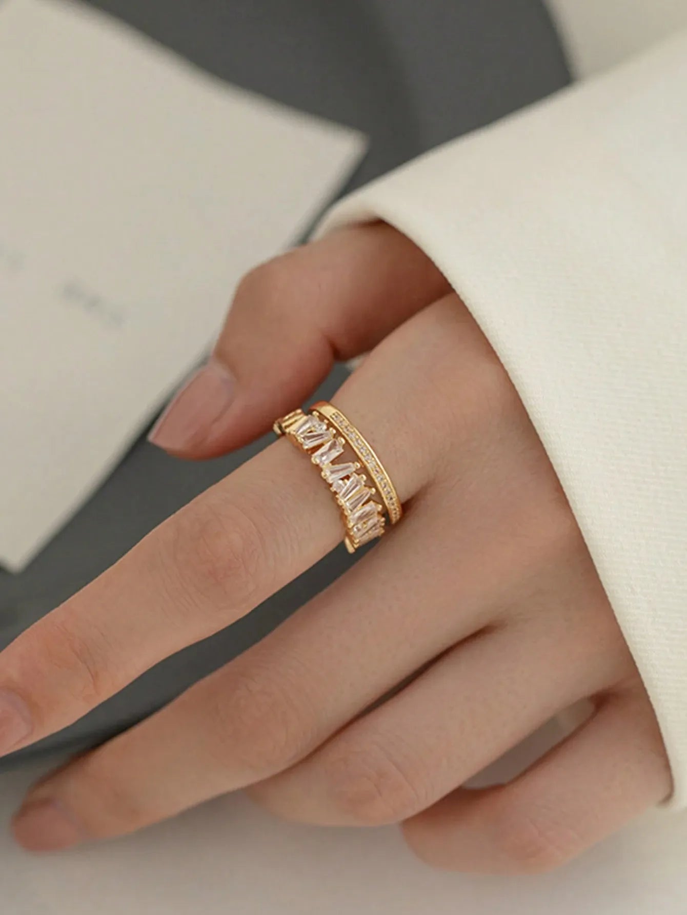 Shein - 1pc Dainty Double Layered Asymmetrical Opening Ring Inlaid With Cubic Zirconia