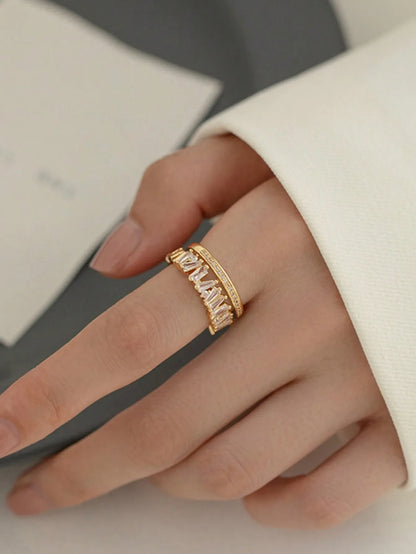 Shein - 1pc Dainty Double Layered Asymmetrical Opening Ring Inlaid With Cubic Zirconia