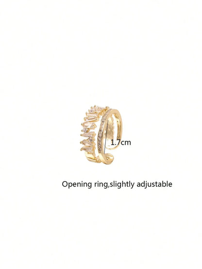 Shein - 1pc Dainty Double Layered Asymmetrical Opening Ring Inlaid With Cubic Zirconia