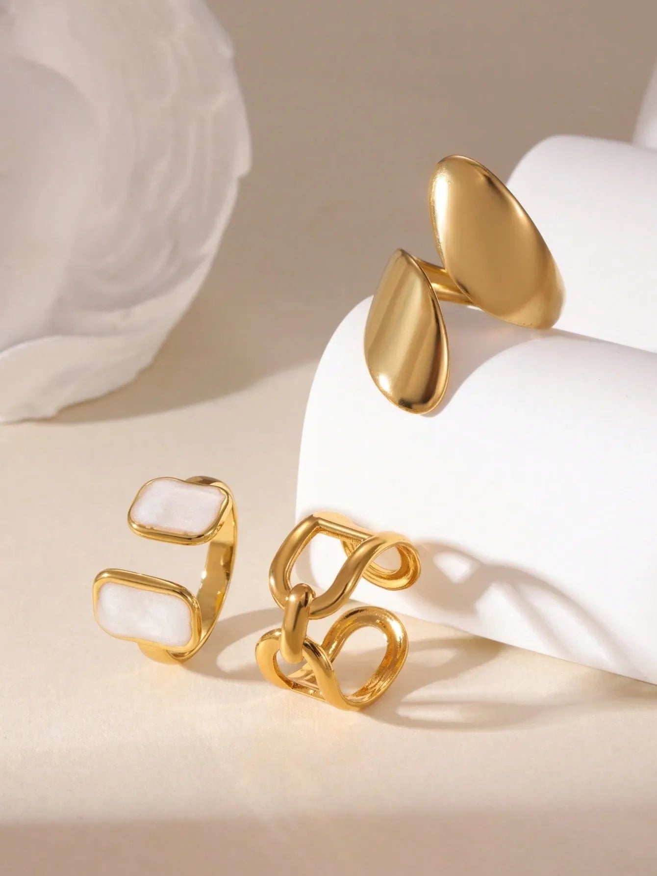 Shein - GEREIT 3pcs 18K Stainless Steel Square Criss-Cross Line Open Ring Set