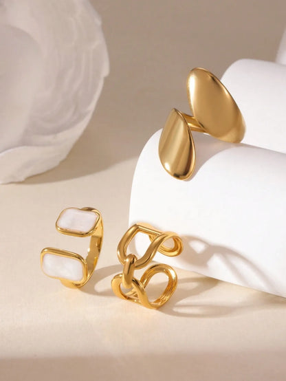 Shein - GEREIT 3pcs 18K Stainless Steel Square Criss-Cross Line Open Ring Set