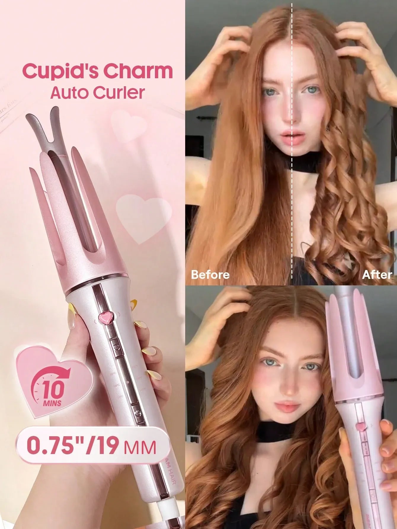 SHEGLAM Hair Cupid'S Charm One-Touch Instant Curler,Pink Automatic Curling Iron 19Mm Eu Plug