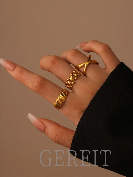 Shein - 3pcs 18K Stainless Steel Chain Hollow Cross Open Ring Set