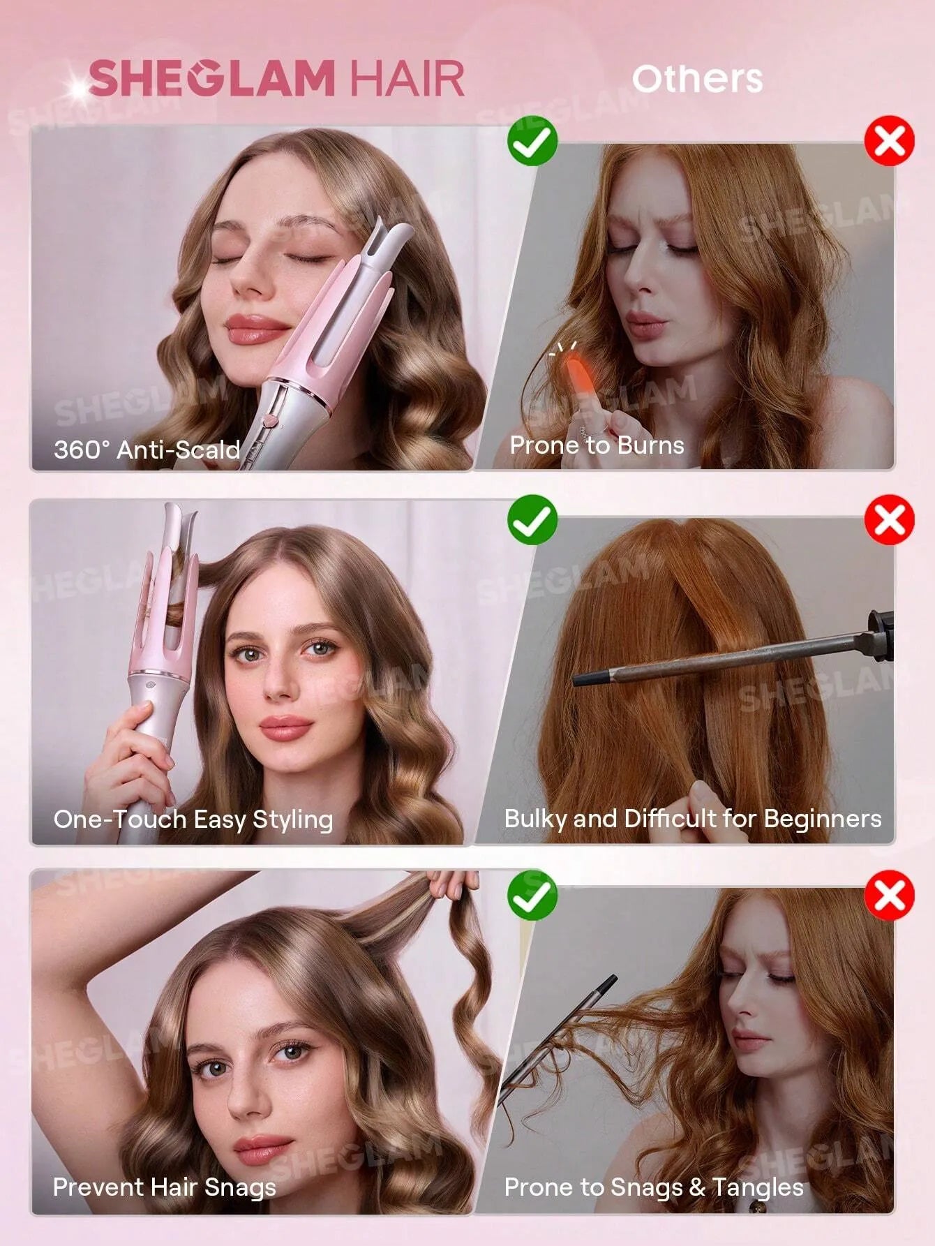 SHEGLAM Hair Cupid'S Charm One-Touch Instant Curler,Pink Automatic Curling Iron 19Mm Eu Plug
