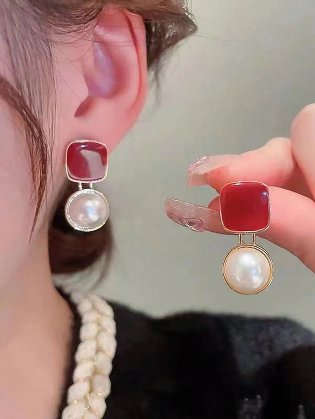 Shein - 5pcs/Set Retro Square & Heart Shape Dripping Oil Pearl Earrings, Elegant Geometric Earrings, Fashion High-End Earring Set
