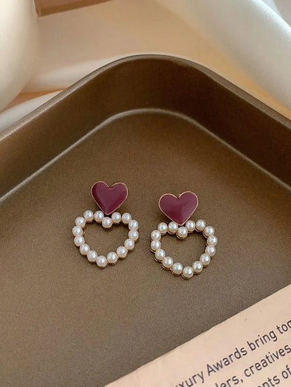 Shein - 5pcs/Set Retro Square & Heart Shape Dripping Oil Pearl Earrings, Elegant Geometric Earrings, Fashion High-End Earring Set