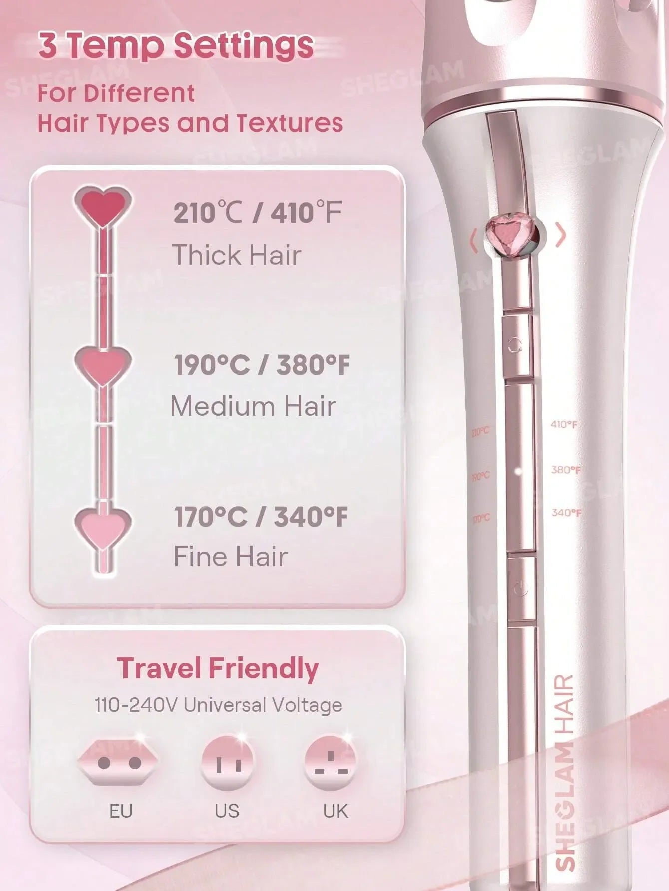 SHEGLAM Hair Cupid'S Charm One-Touch Instant Curler,Pink Automatic Curling Iron 19Mm Eu Plug