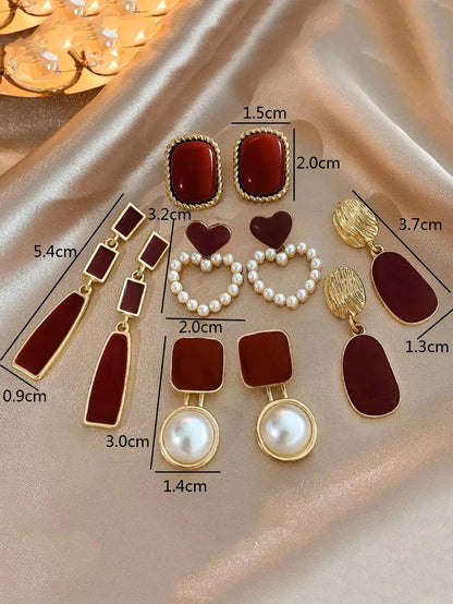Shein - 5pcs/Set Retro Square & Heart Shape Dripping Oil Pearl Earrings, Elegant Geometric Earrings, Fashion High-End Earring Set