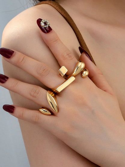 Shein - 3pcs Geometric Hollow-Out Gold Color Rings Set