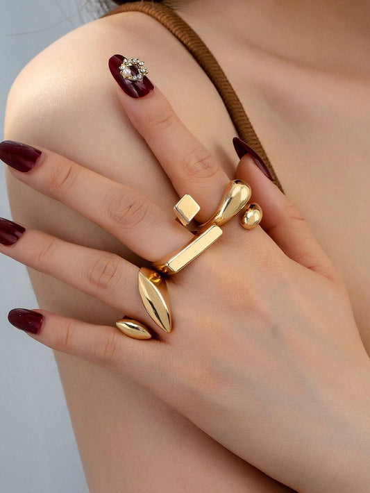 Shein - 3pcs Geometric Hollow-Out Gold Color Rings Set