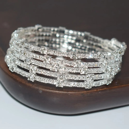 Shein - Multi-Layer Fashionable Rhinestone Wrapped Bangle Bracelet For Women - Silver