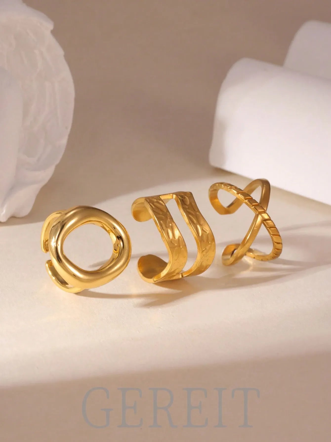 Shein - 3pcs 18K Stainless Steel Double-Layer Hollow Circle Open Ring Set