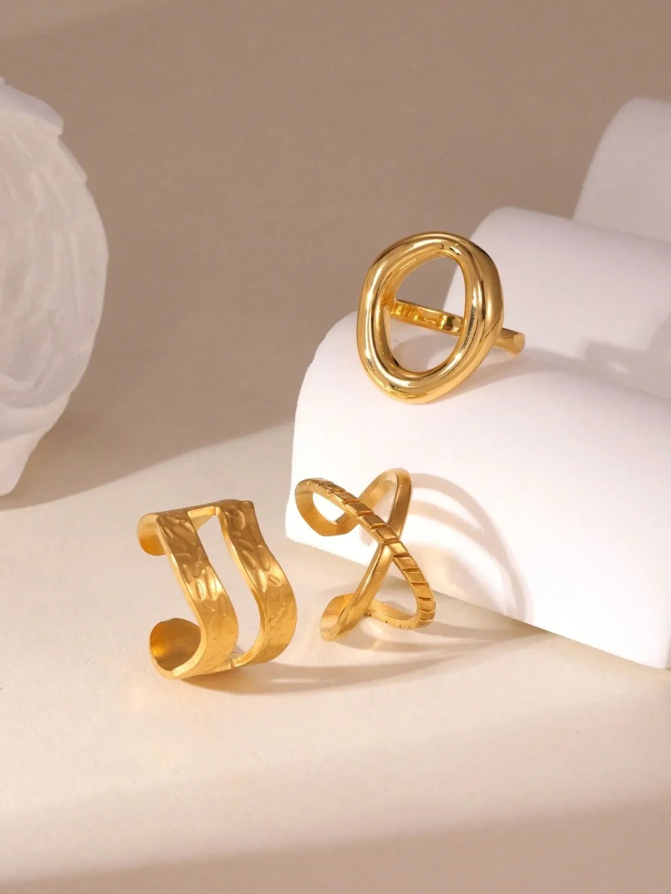 Shein - 3pcs 18K Stainless Steel Double-Layer Hollow Circle Open Ring Set