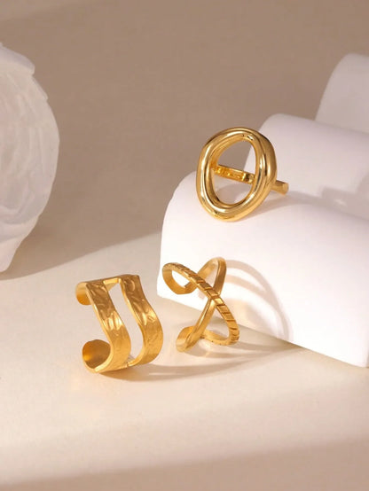 Shein - 3pcs 18K Stainless Steel Double-Layer Hollow Circle Open Ring Set