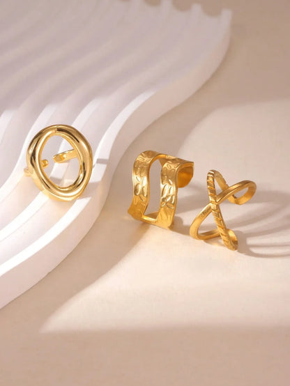 Shein - 3pcs 18K Stainless Steel Double-Layer Hollow Circle Open Ring Set