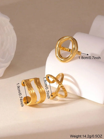 Shein - 3pcs 18K Stainless Steel Double-Layer Hollow Circle Open Ring Set