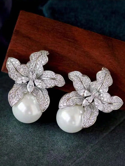 Shein - 1pair Women Elegant Floral Design Rhinestone Stud Earrings, All Seasons European & American Style Faux Pearl Earrings Suitable For Street Shooting, Parties And Work