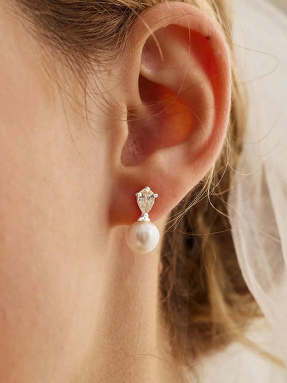 Shein - 14k Gold Plated CZ Pearl Bridal Earrings, Low Allergy Gold Plated Earrings