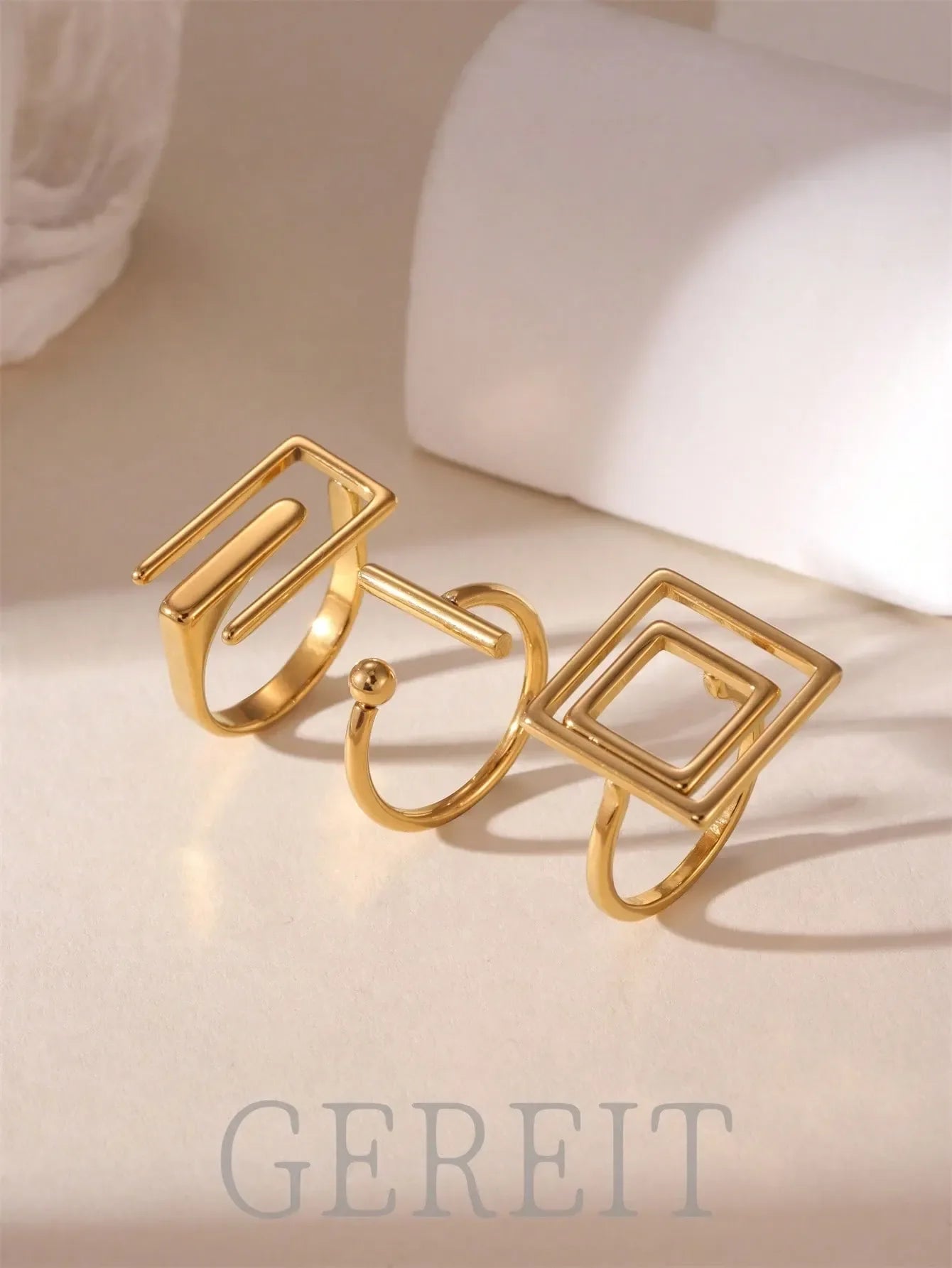 Shein - GEREIT 3pcs 18K Stainless Steel Geometric Asymmetric Open Ring Set